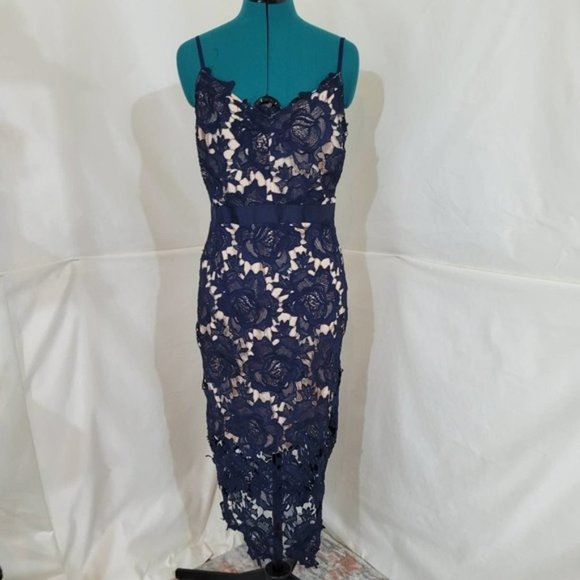 Just Me Blue Lace Mid Length Dress - Size Large - Picture 2 of 9